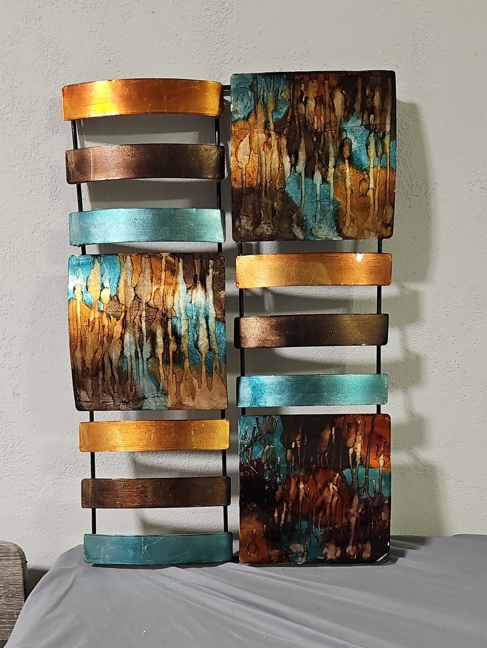 Abstract Metal Wall Art Multi-Panel Sculpture - Teal & Copper Patina (24" x 16")